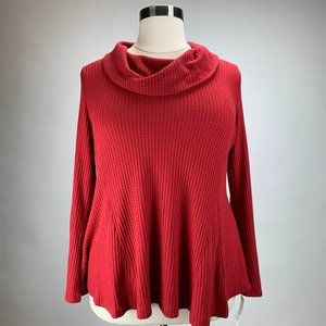 Red Long Sleeve Waffle Knit Cowl Neck Top